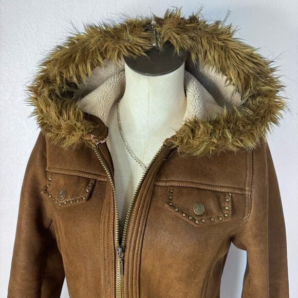 Y2K Faux Fur Trim Jacket Coat Brown Faux Suede 00s - Picture 4 of 8